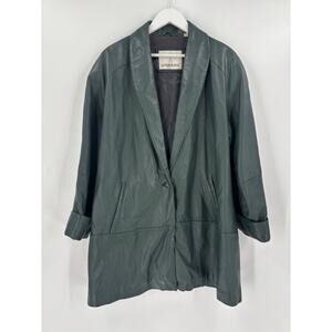 London Fog Vintage Leather Coat Womens Medium Green 90s Pocket Collar Mid Length